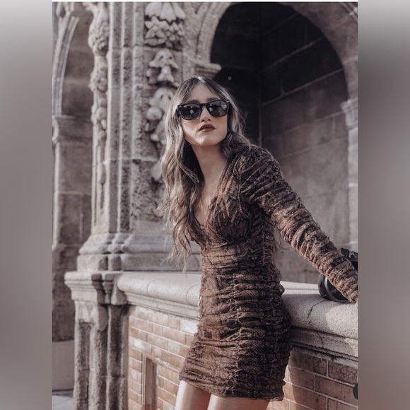 Zara Dresses & Skirts - Zara Dress Draped Tulle Mini Long Sleeve in Snakeskin Brown Size S New